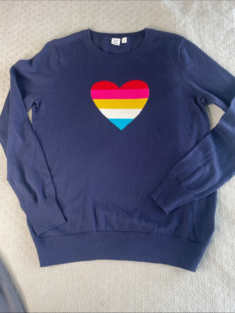 GAP Navy Crewneck Sweater with Striped Heart